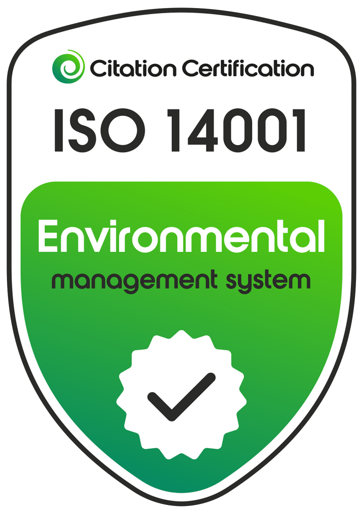 A badge displaying "ISO 14001 Environmental management system" with a checkmark symbol, representing certification in environmental management.