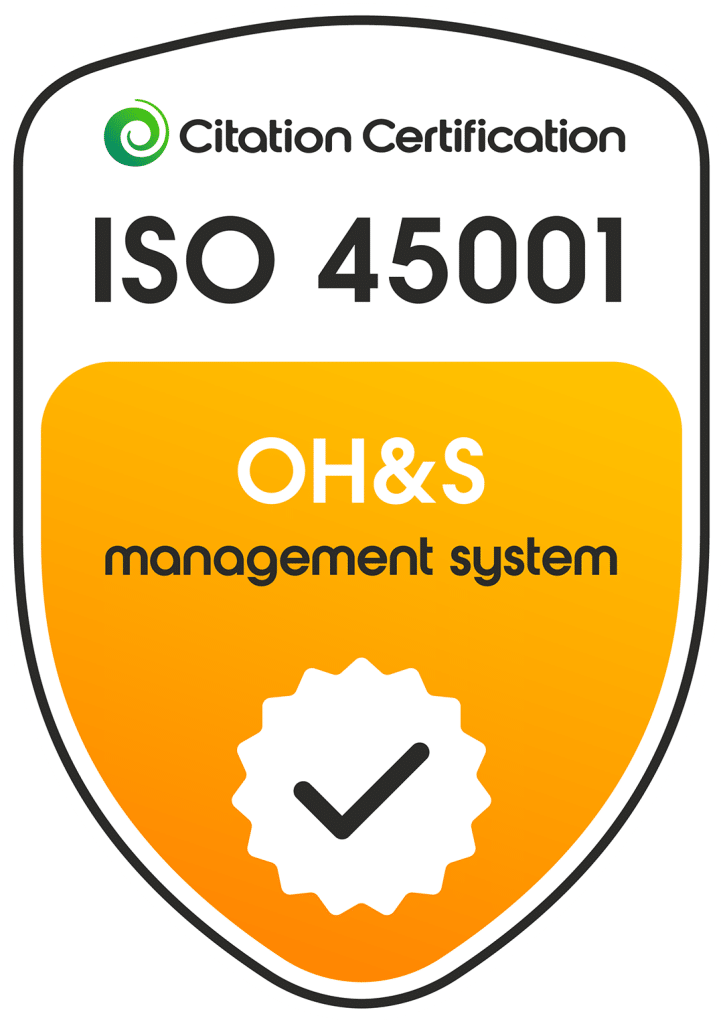 Shield-shaped badge displaying "Citation Certification ISO 45001 OH&S management system" with a checkmark symbol on an orange background.